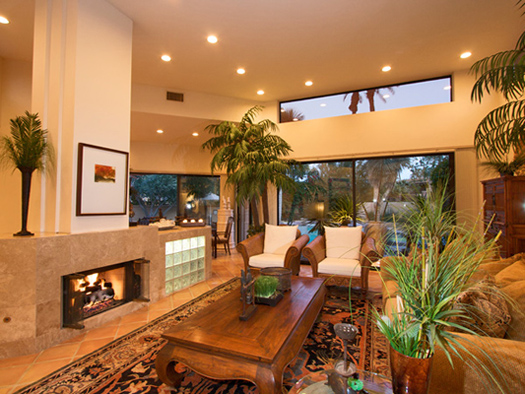 enjoy views and fireplace in the living room