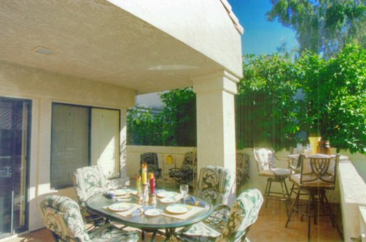 Patio overlooking green space, outdoor grill