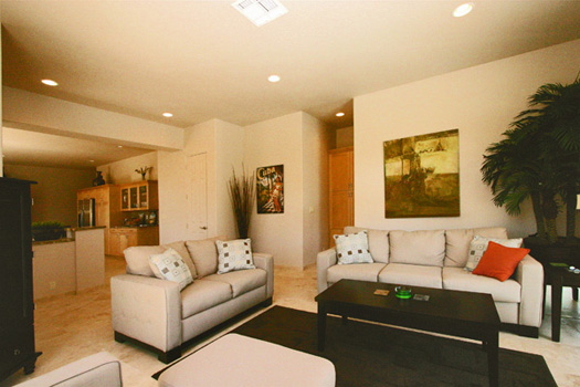 Living room with gas fireplace looks out to the courtyard 